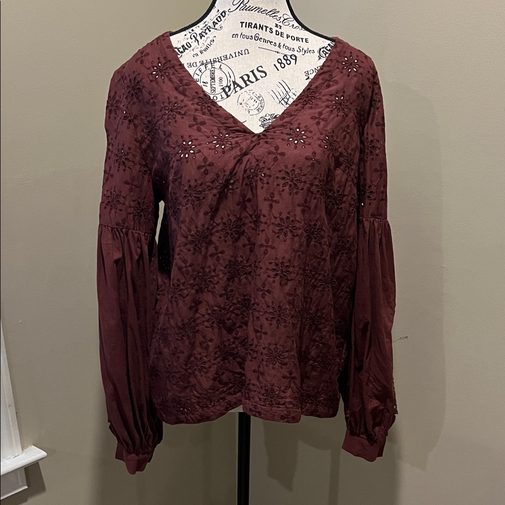 Anthropologie Burgundy Eyelet Boho Blouse
